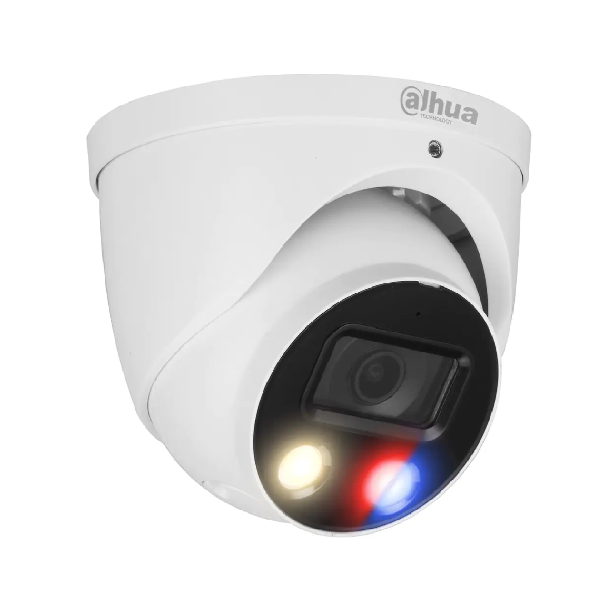 Telecamera di sicurezza Dahua bianca con luci rosse, blu e gialle.