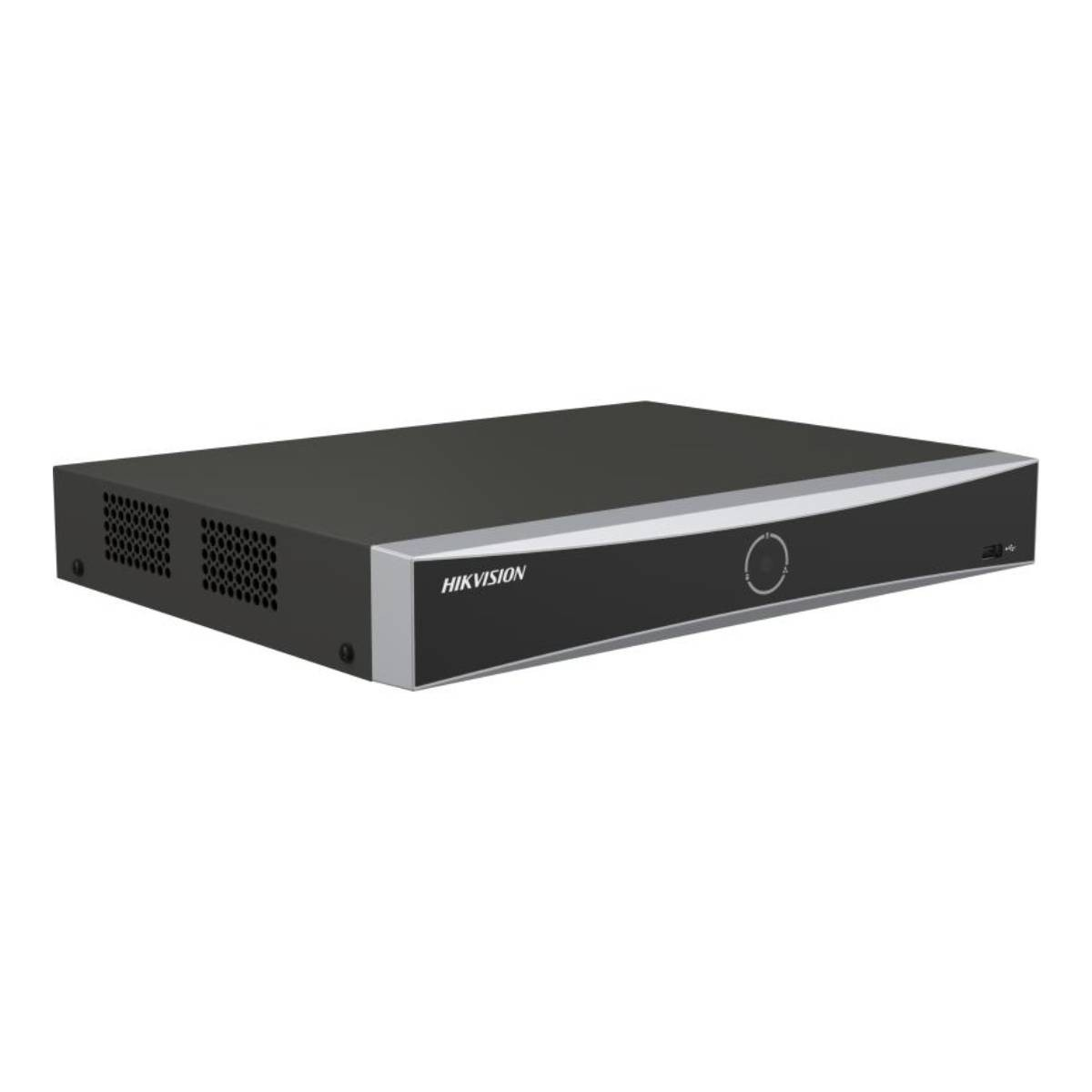 Un DVR Hikvision nero con striscia argentata e prese d'aria laterali.