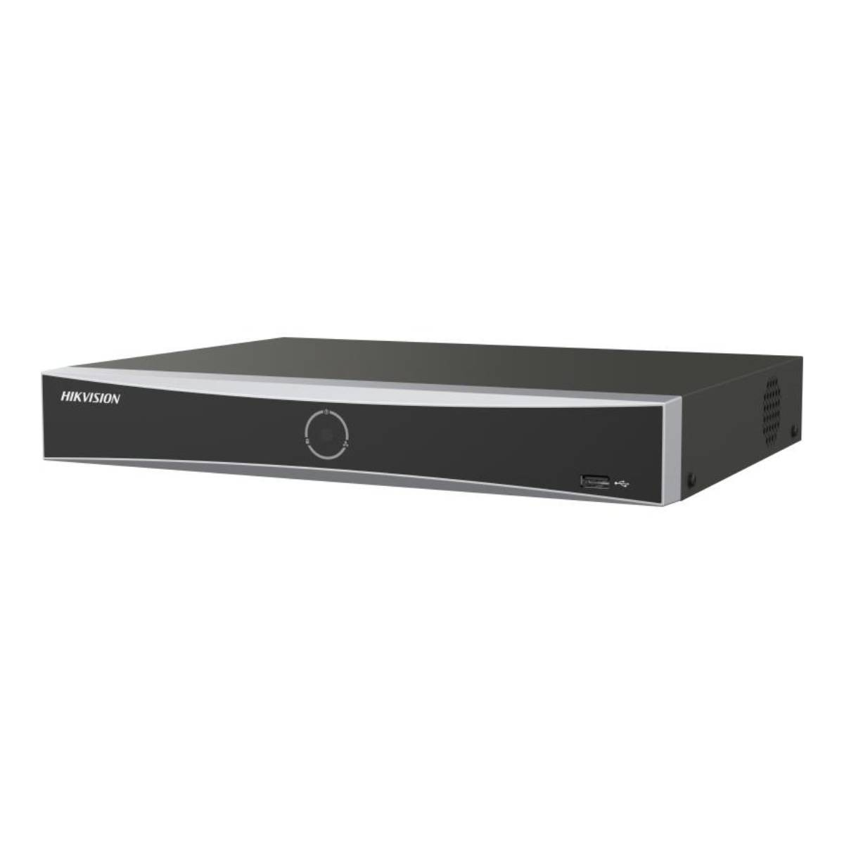 Un DVR Hikvision nero con finitura argentata e porta USB frontale.