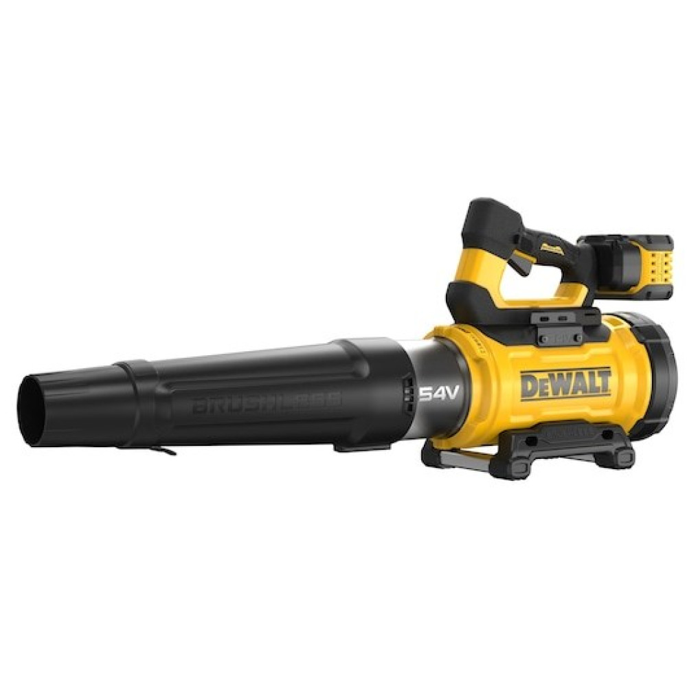 Żółta i czarna bezprzewodowa dmuchawa do liści DeWalt 54V.