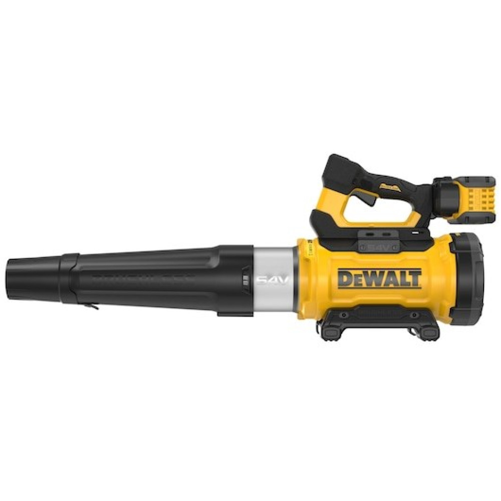 Żółta i czarna dmuchawa do liści DeWalt z akumulatorem i światłem LED.
