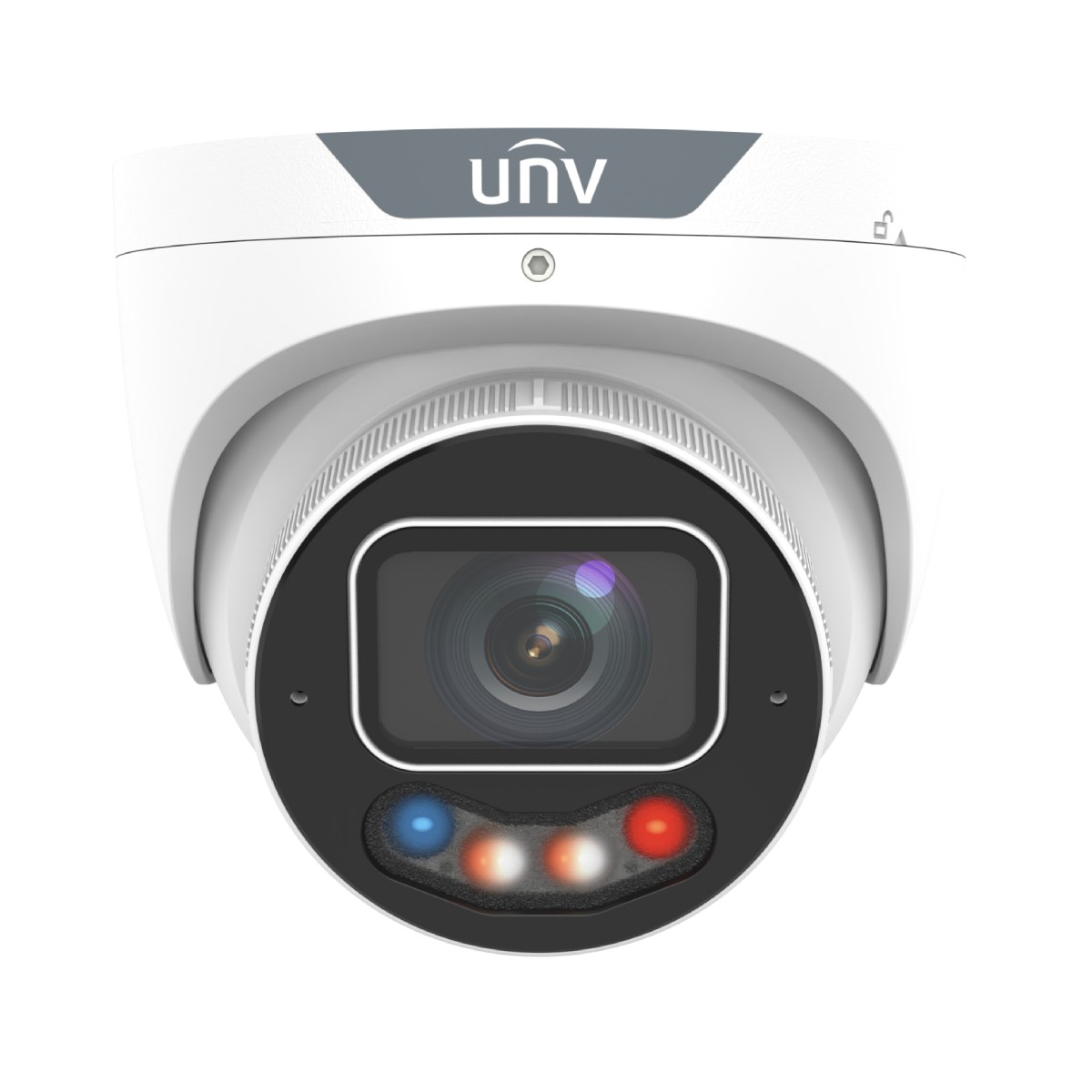 Telecamera di sicurezza bianca con logo UNV, lente e luci blu/rosse.