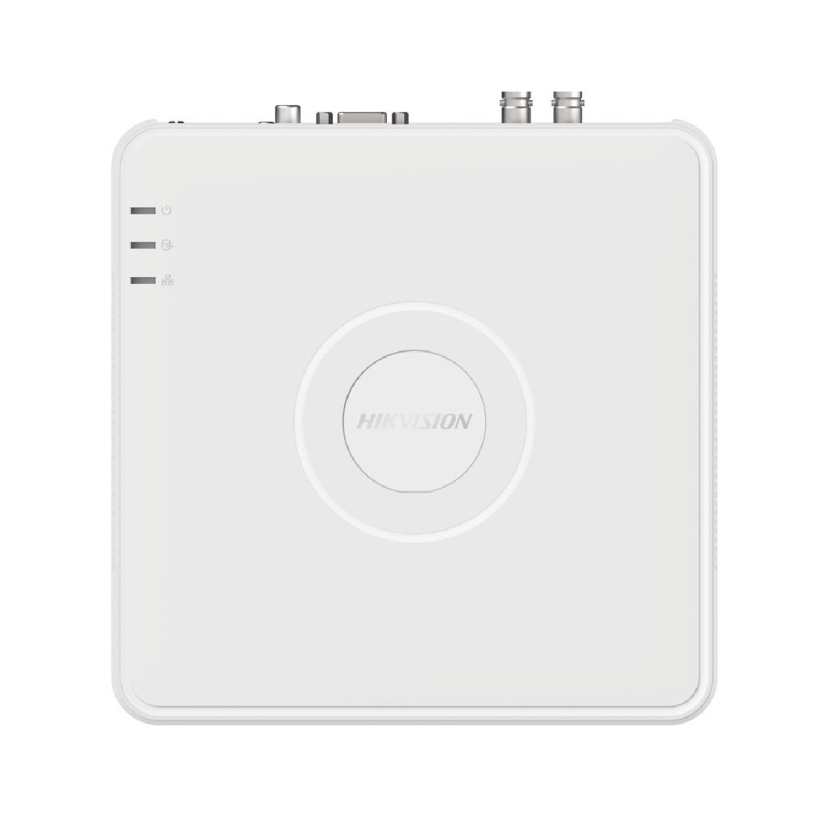 Un dispositivo blanco Hikvision con puertos e indicadores LED.