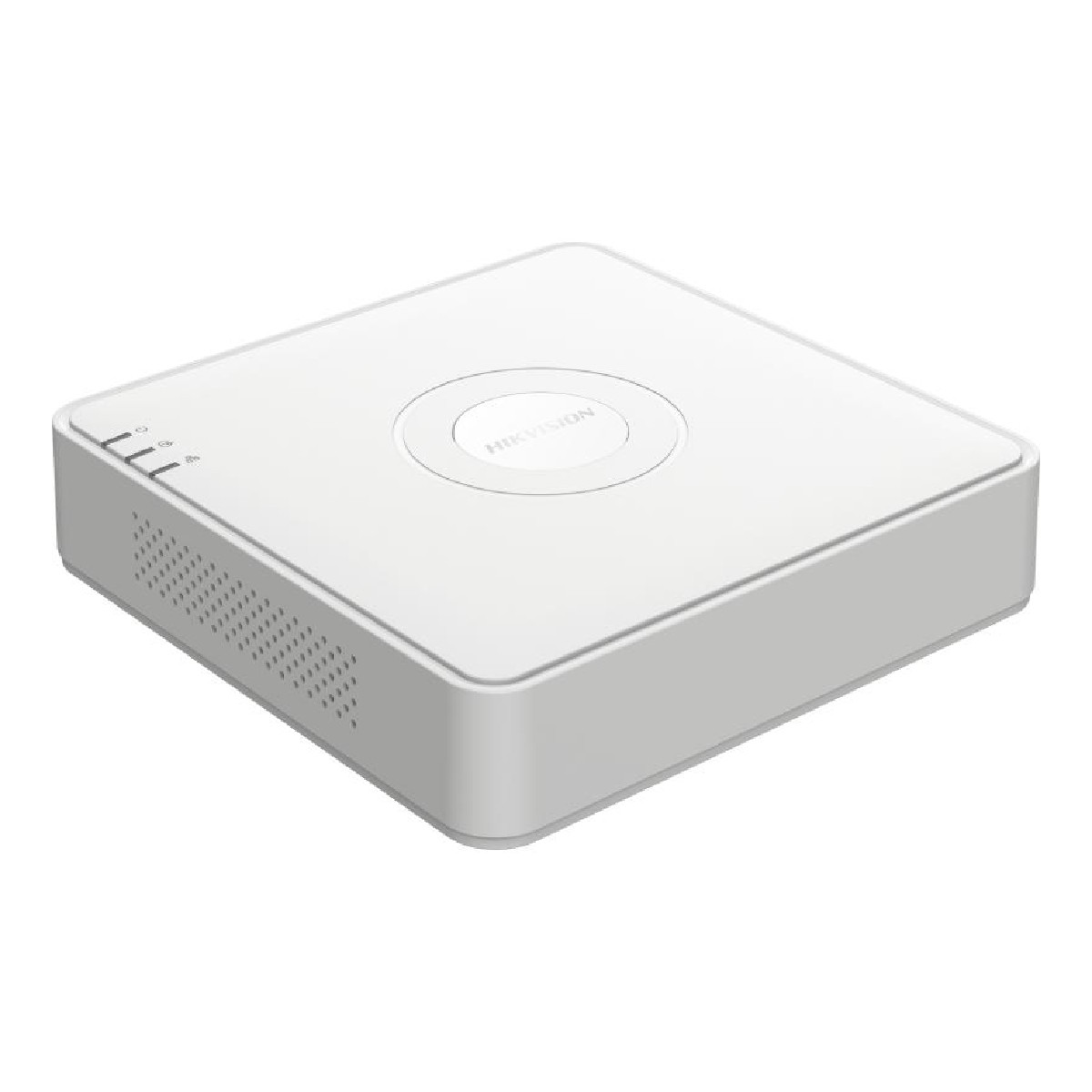 Un dispositivo Hikvision blanco con rejillas de ventilación y luces.