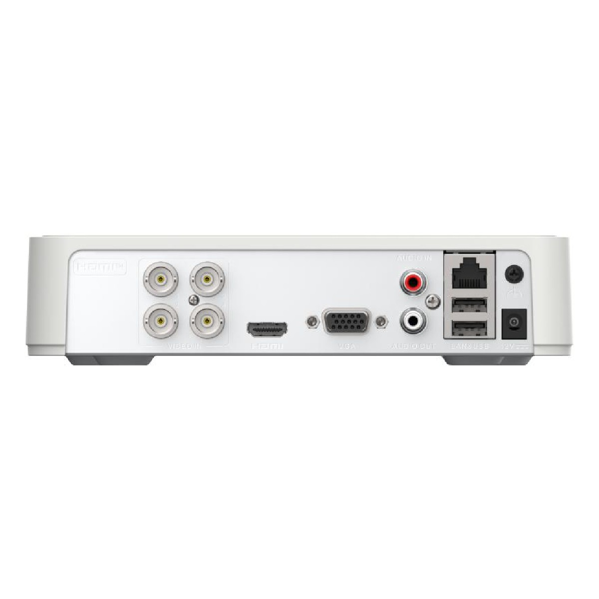 Parte trasera de un dispositivo blanco con puertos: 4x Video In, HDMI, VGA, Audio In/Out, LAN/USB, 12V.