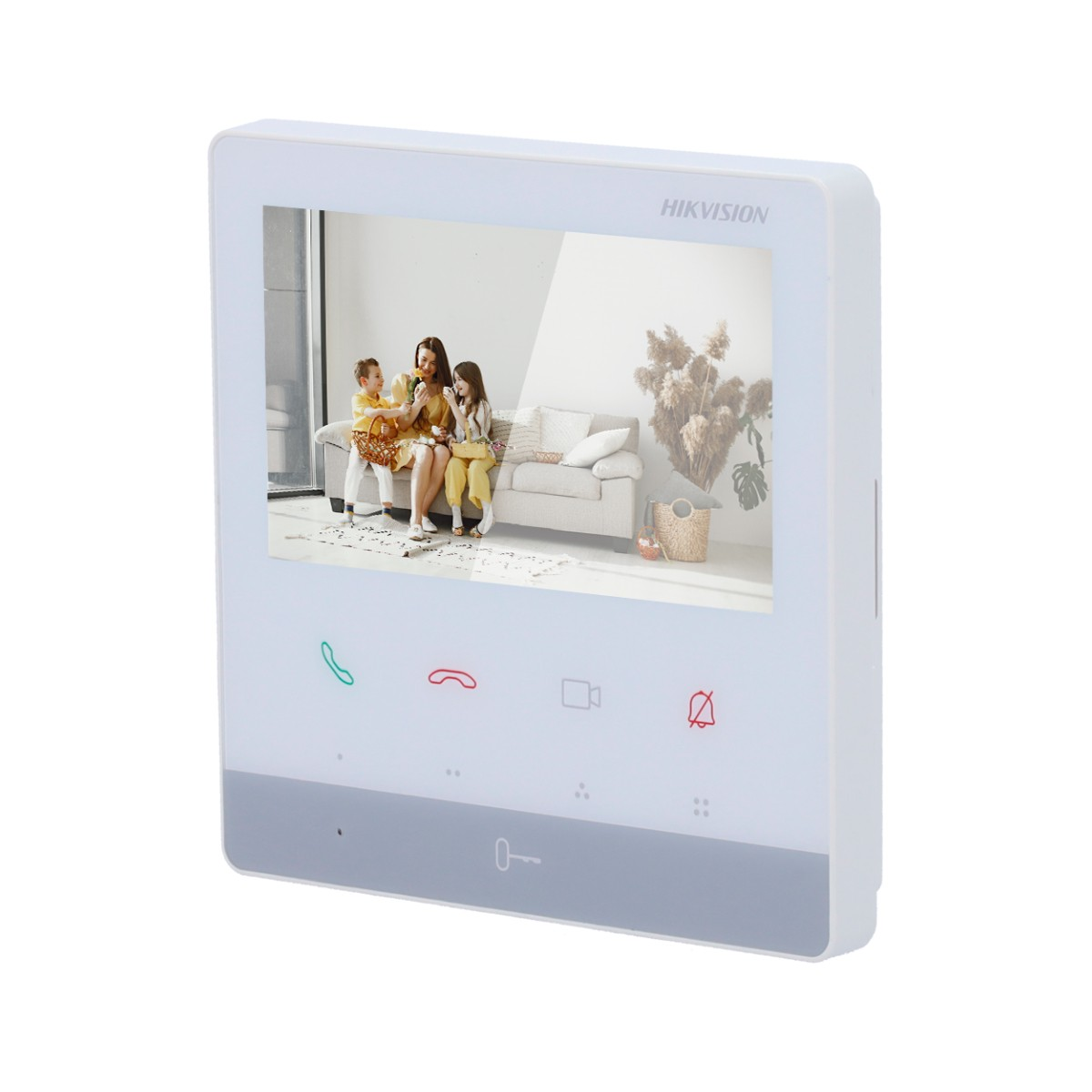 Un modulo videocitofono Hikvision bianco con schermo che mostra una donna e due bambini.