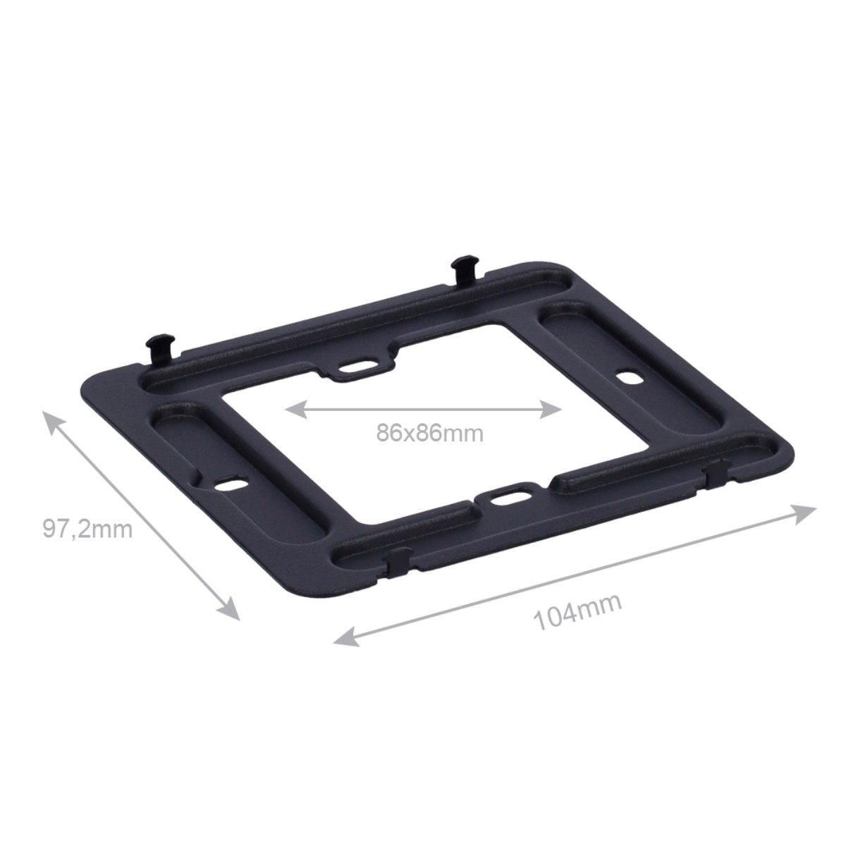 Un adattatore di montaggio nero con dimensioni 104x97,2mm e 86x86mm.