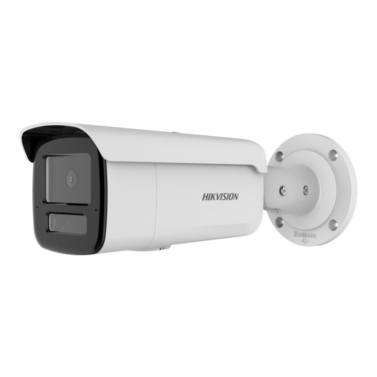 Una telecamera di sorveglianza Hikvision bianca con obiettivo nero e illuminazione IR.