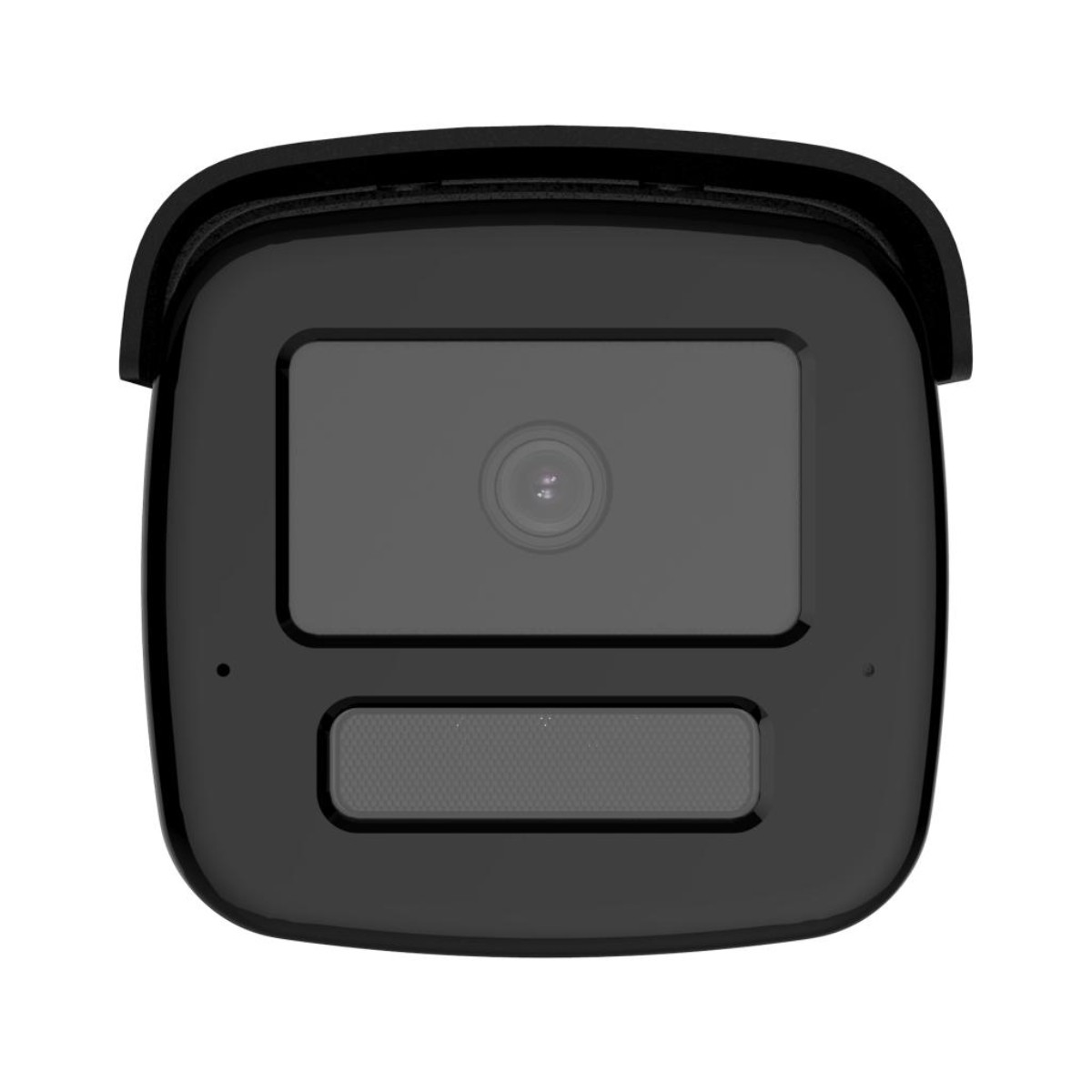 Telecamera di sicurezza nera con obiettivo rettangolare e motivo a griglia sotto.