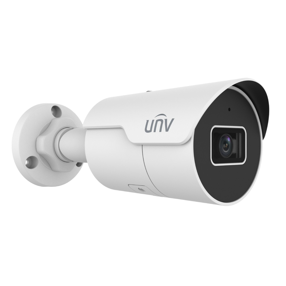 Una telecamera di sicurezza UNV bianca con obiettivo e supporto neri è mostrata su sfondo bianco.