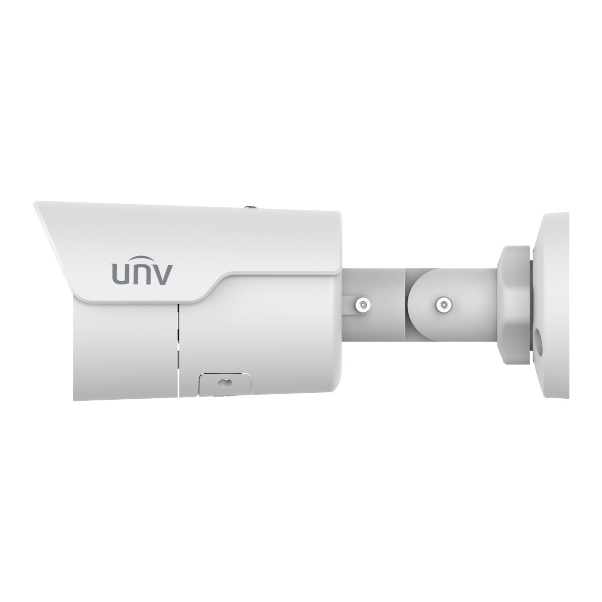 Una telecamera di sicurezza bianca con logo UNV, montata lateralmente.