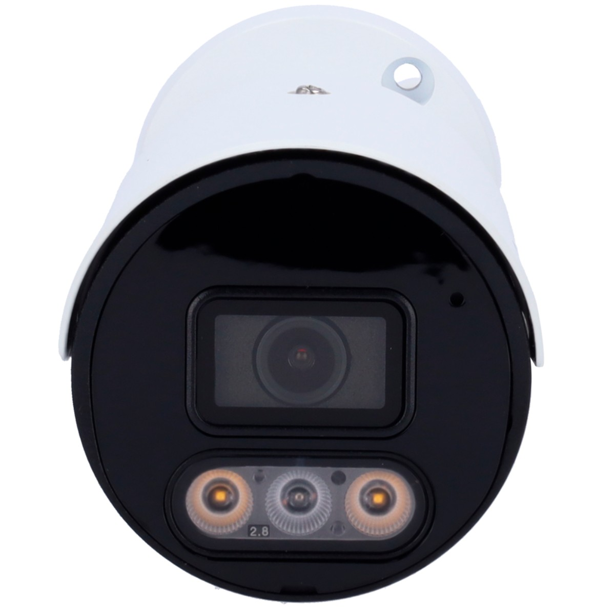 Telecamera di sicurezza bianca con frontale nero, obiettivo e luci.