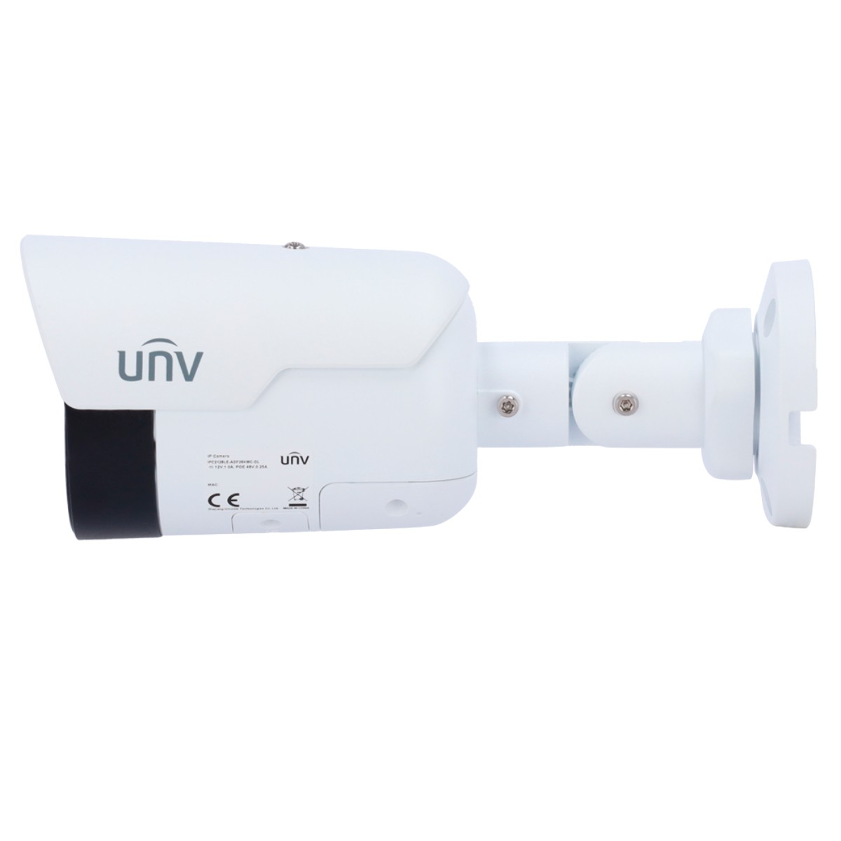 Telecamera IP UNV bianca con alloggiamento lente nero e staffa di montaggio regolabile.