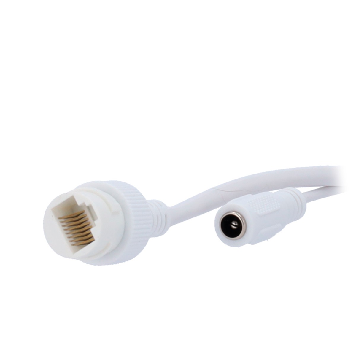 Un cavo bianco con connettore RJ45 e connettore di alimentazione CC.