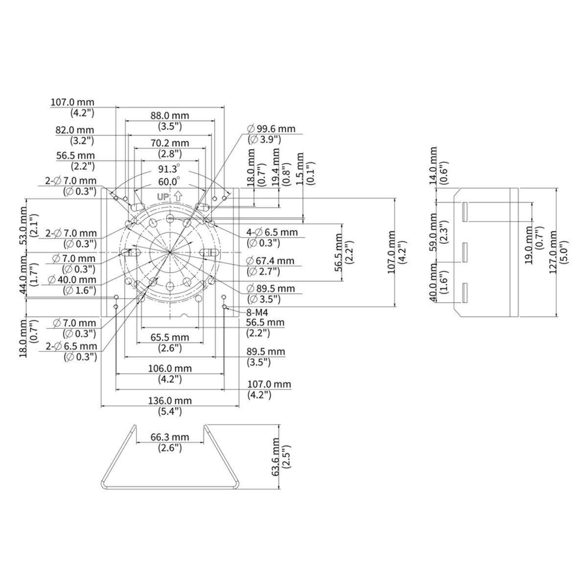 Disegno tecnico con dimensioni per una base circolare e una staffa rettangolare.
