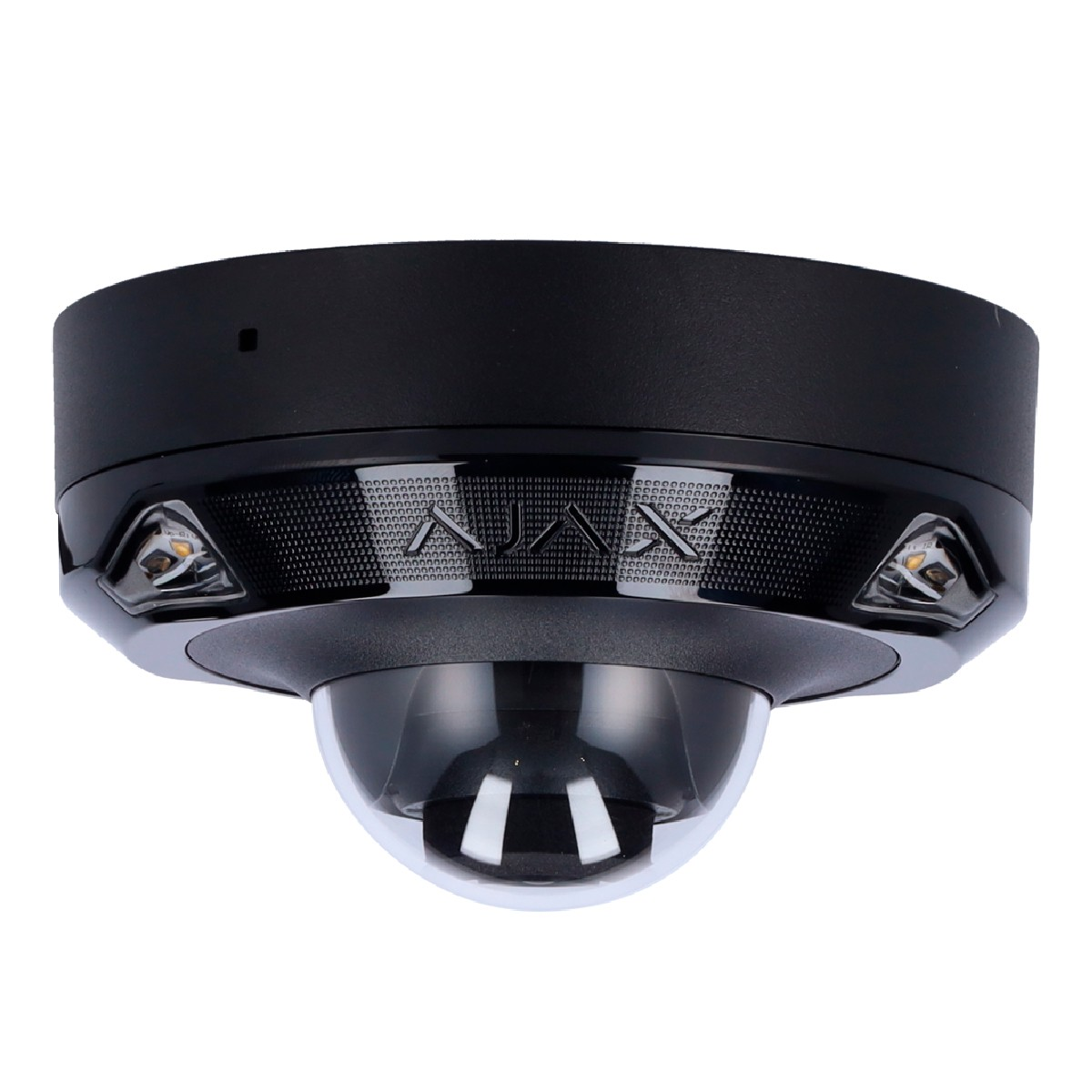 Telecamera di sicurezza dome nera con logo AJX e piccole luci.