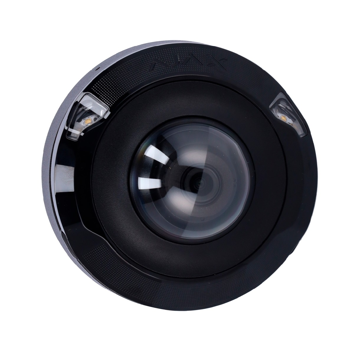 Un sensore di sicurezza rotondo nero con lente e due LED.