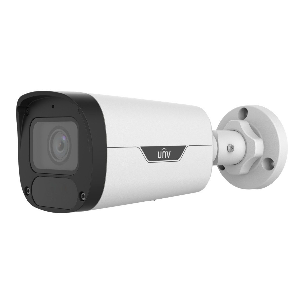 Una telecamera di sicurezza UNV bianca e nera è montata su una staffa bianca su sfondo bianco.