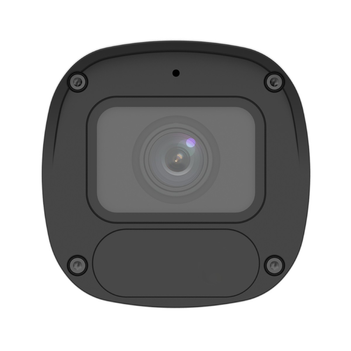 Una telecamera di sicurezza nera con lente visibile e piccole luci.