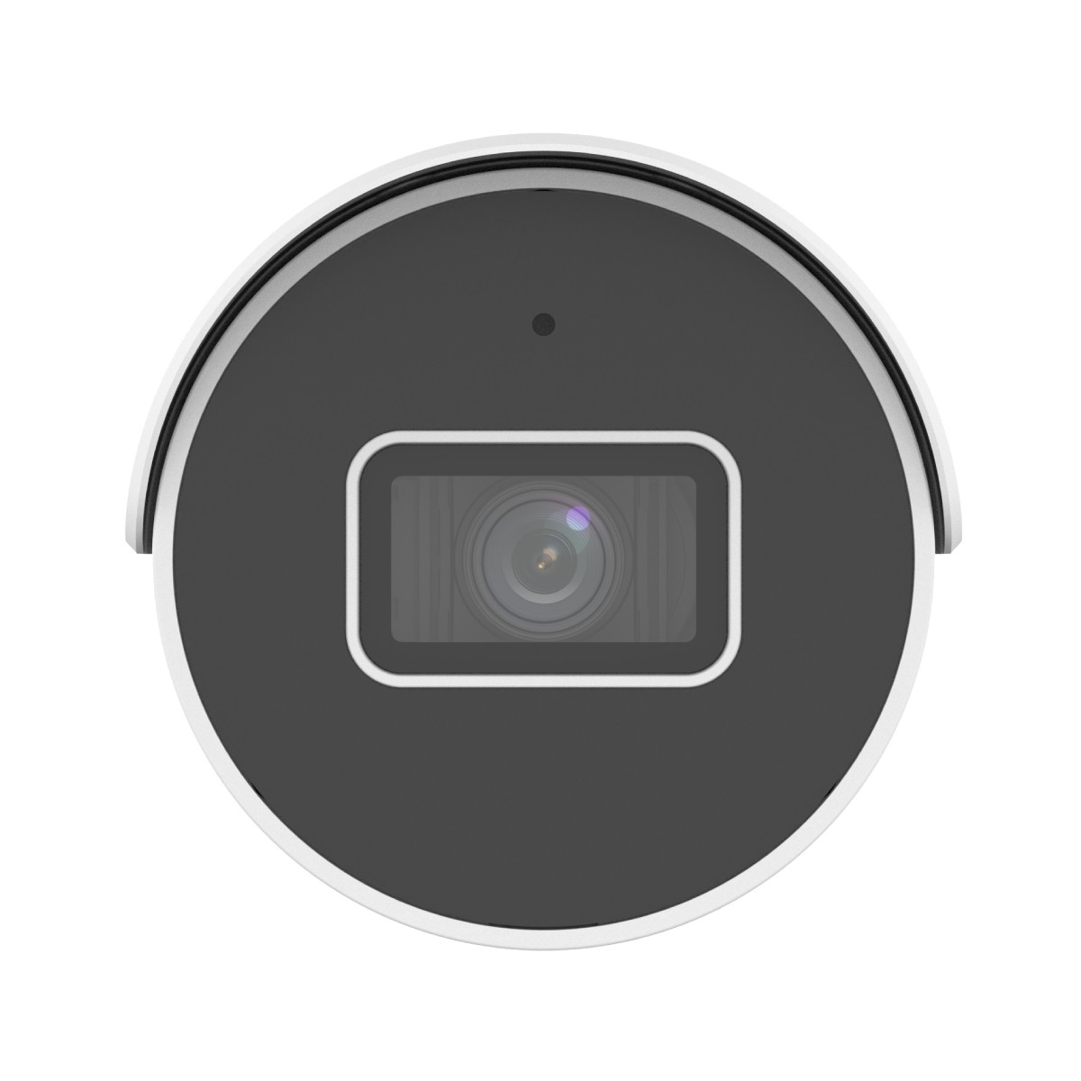 Una telecamera di sorveglianza con custodia e lente nere.