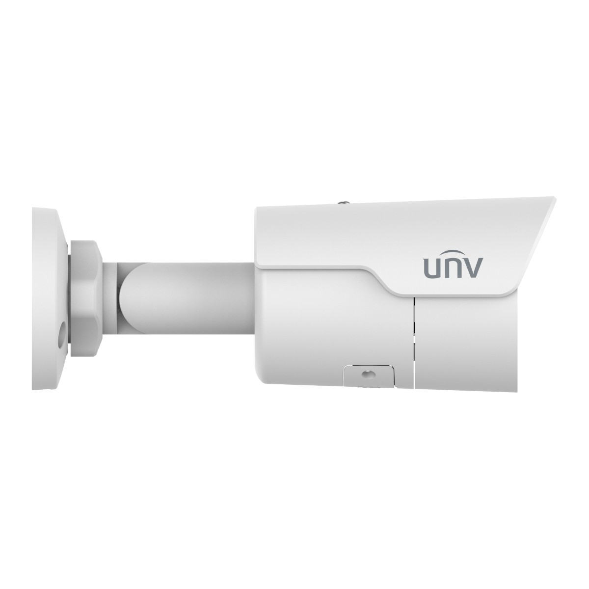 Telecamera di sicurezza UNV bianca montata su sfondo bianco.