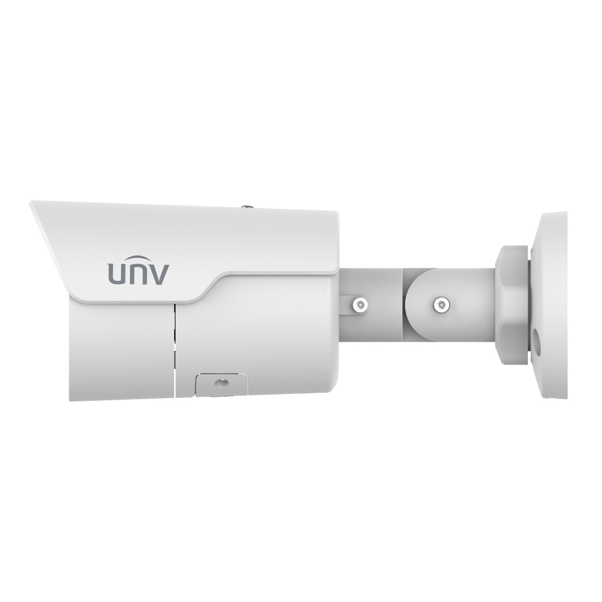 Una telecamera di sicurezza bianca con logo UNV, montata su un braccio regolabile.