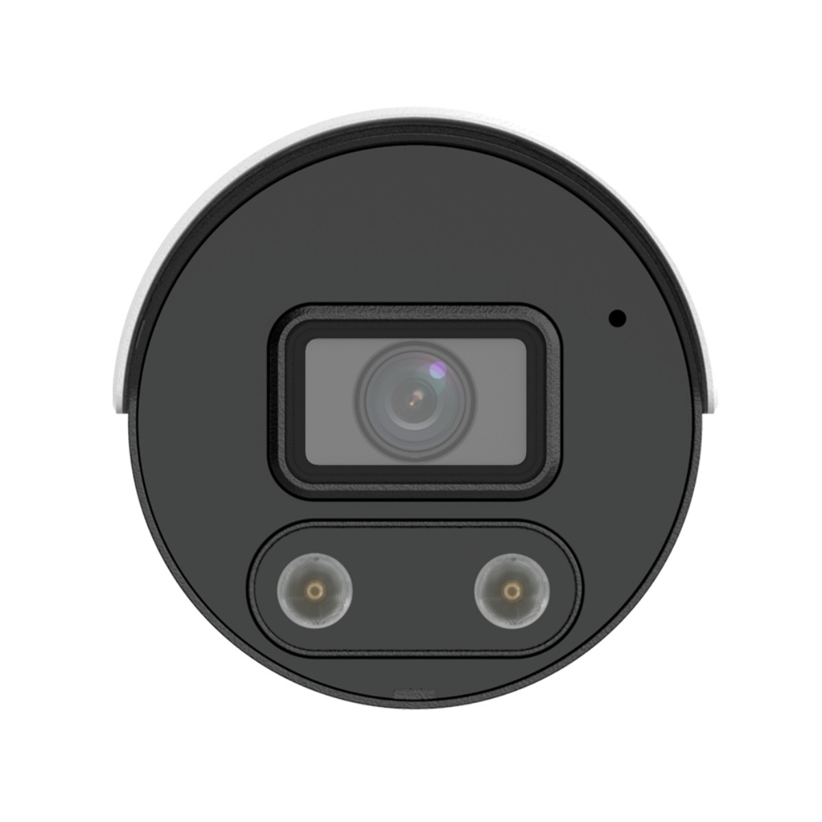 Vista ravvicinata di una telecamera di sicurezza, con obiettivo e due luci.
