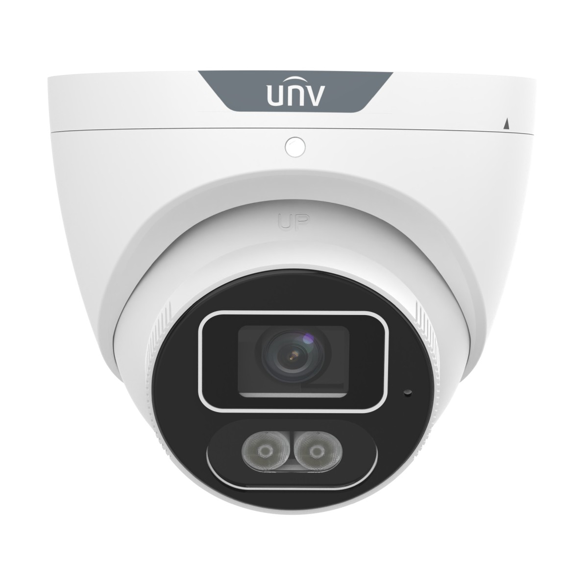 Telecamera di sicurezza bianca UNV con logo, obiettivo e due luci.