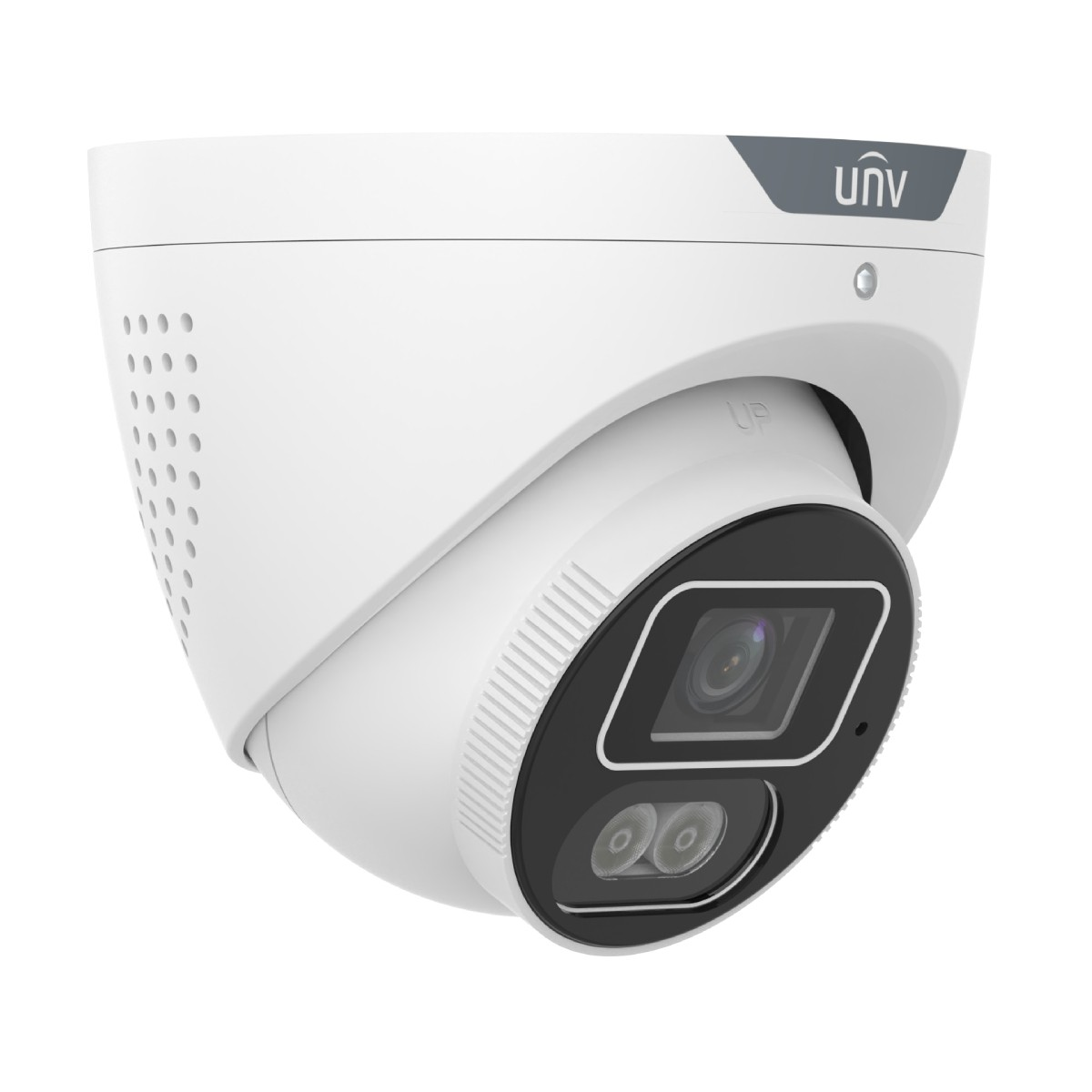 Viene mostrata una telecamera di sicurezza UNV bianca con parte anteriore nera e due lenti.