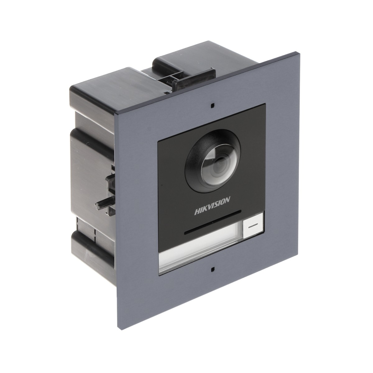 Un pannello citofonico Hikvision grigio con telecamera, altoparlante e targhetta.