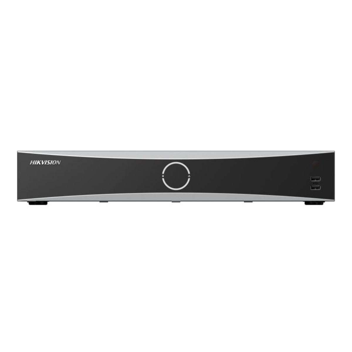 Un DVR Hikvision nero con un cerchio e due porte USB.
