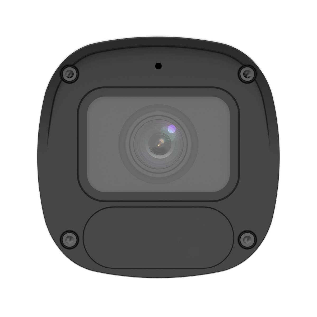 Telecamera di sicurezza grigio scuro con lente e puntino luminoso.
