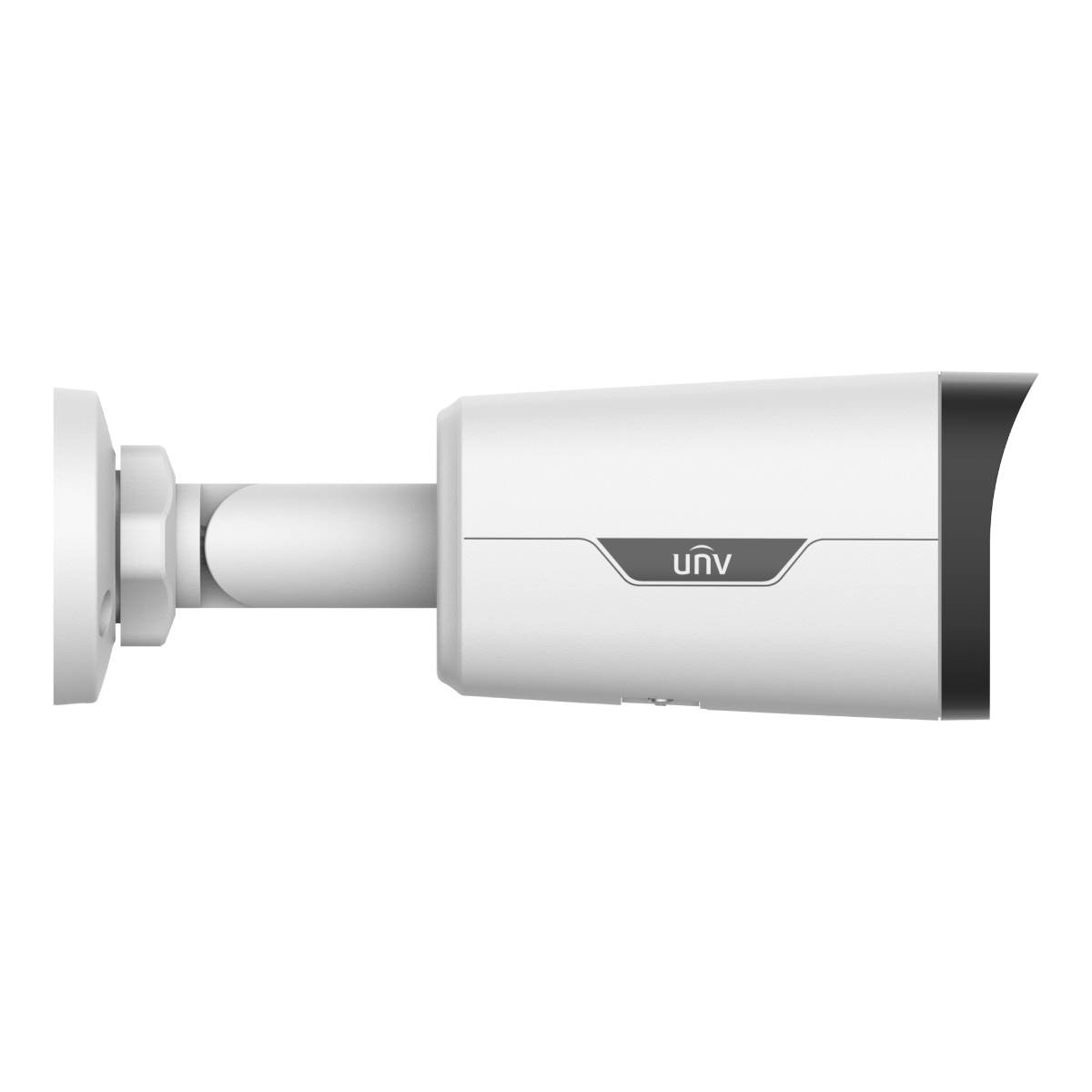 Una telecamera di sicurezza bianca con punta nera e logo "unv".
