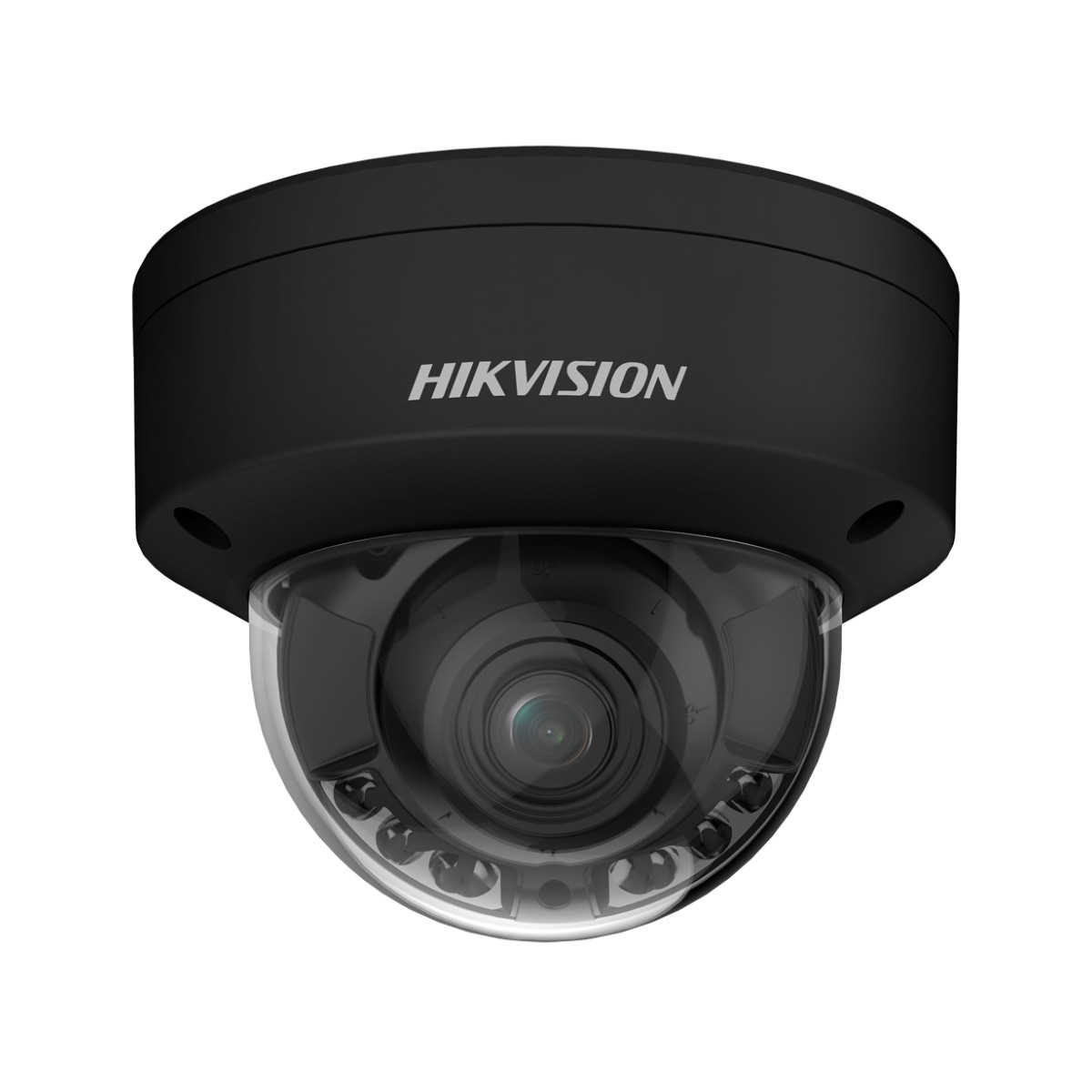 Una telecamera dome Hikvision nera con lente e LED IR.
