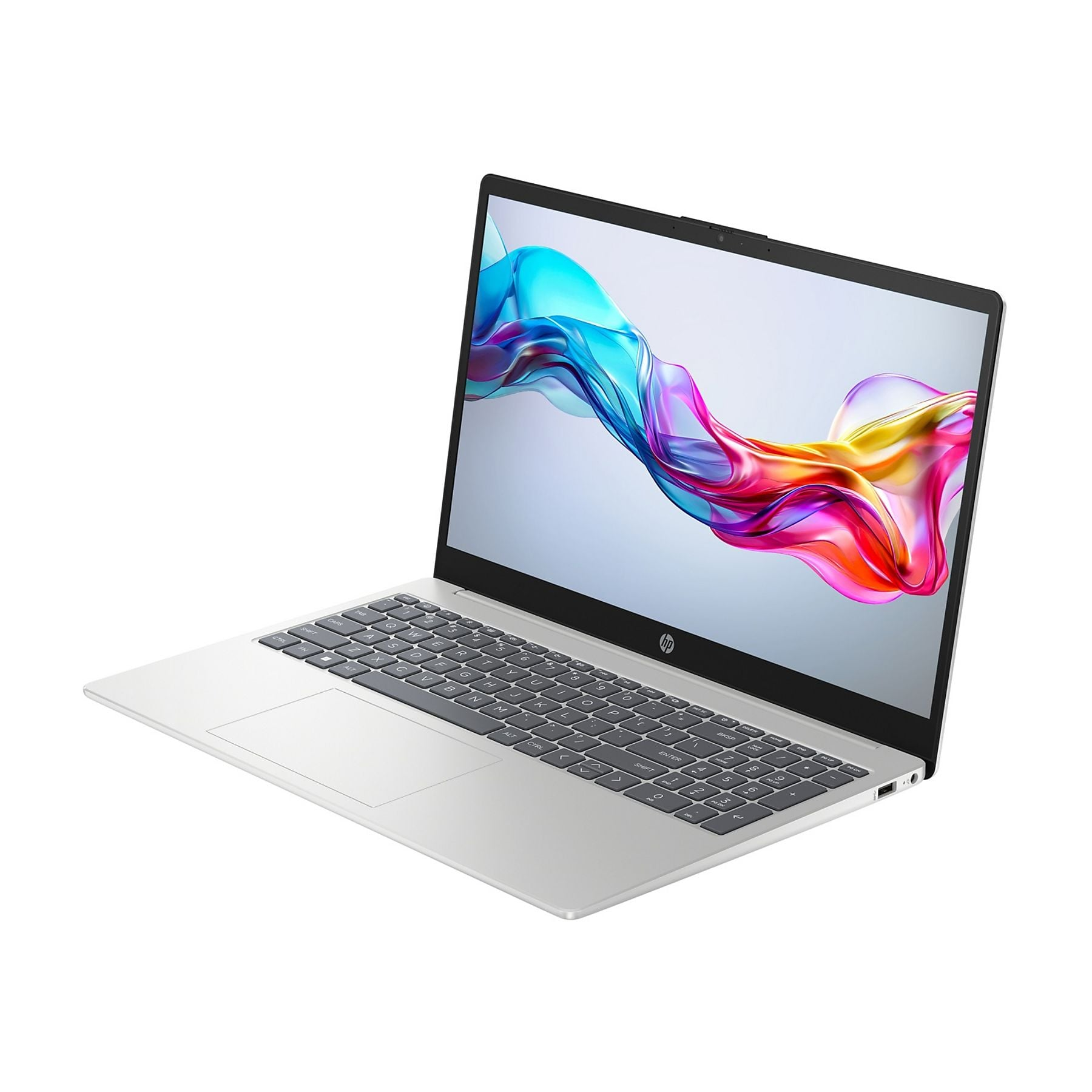 Un laptop HP argentato con uno sfondo astratto colorato sullo schermo.