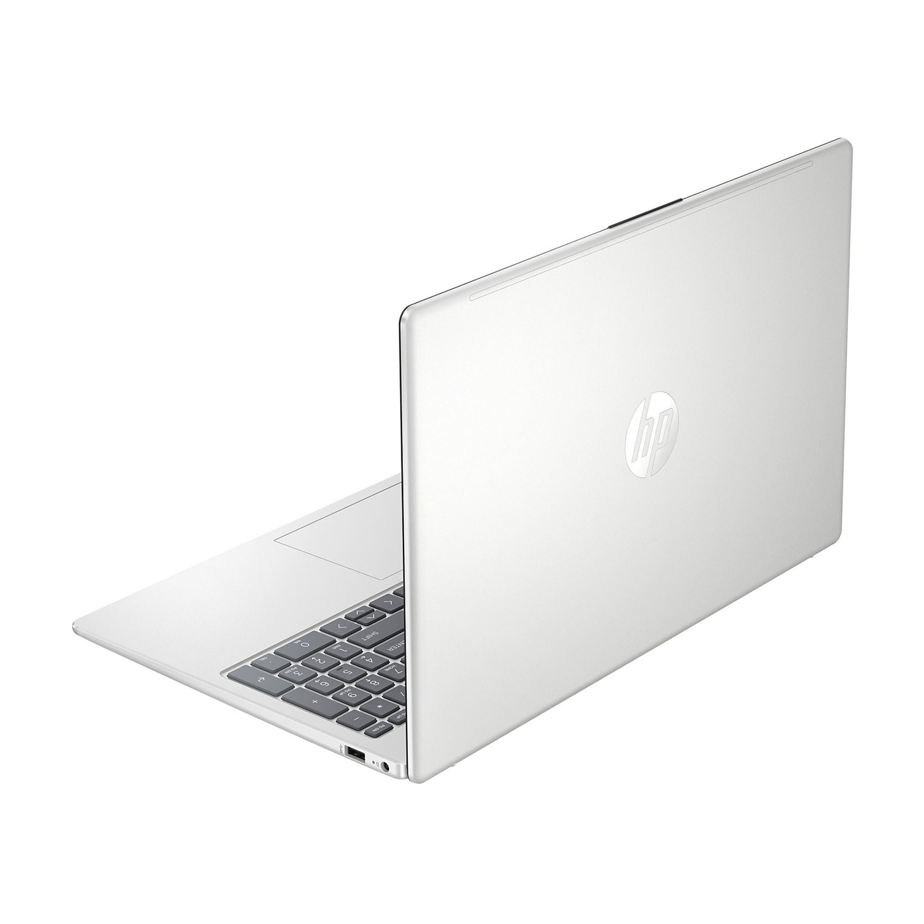 Un laptop argentato è mostrato angolato, con lo schermo leggermente aperto per rivelare la tastiera e il trackpad. Il logo HP è visibile sul coperchio del laptop.