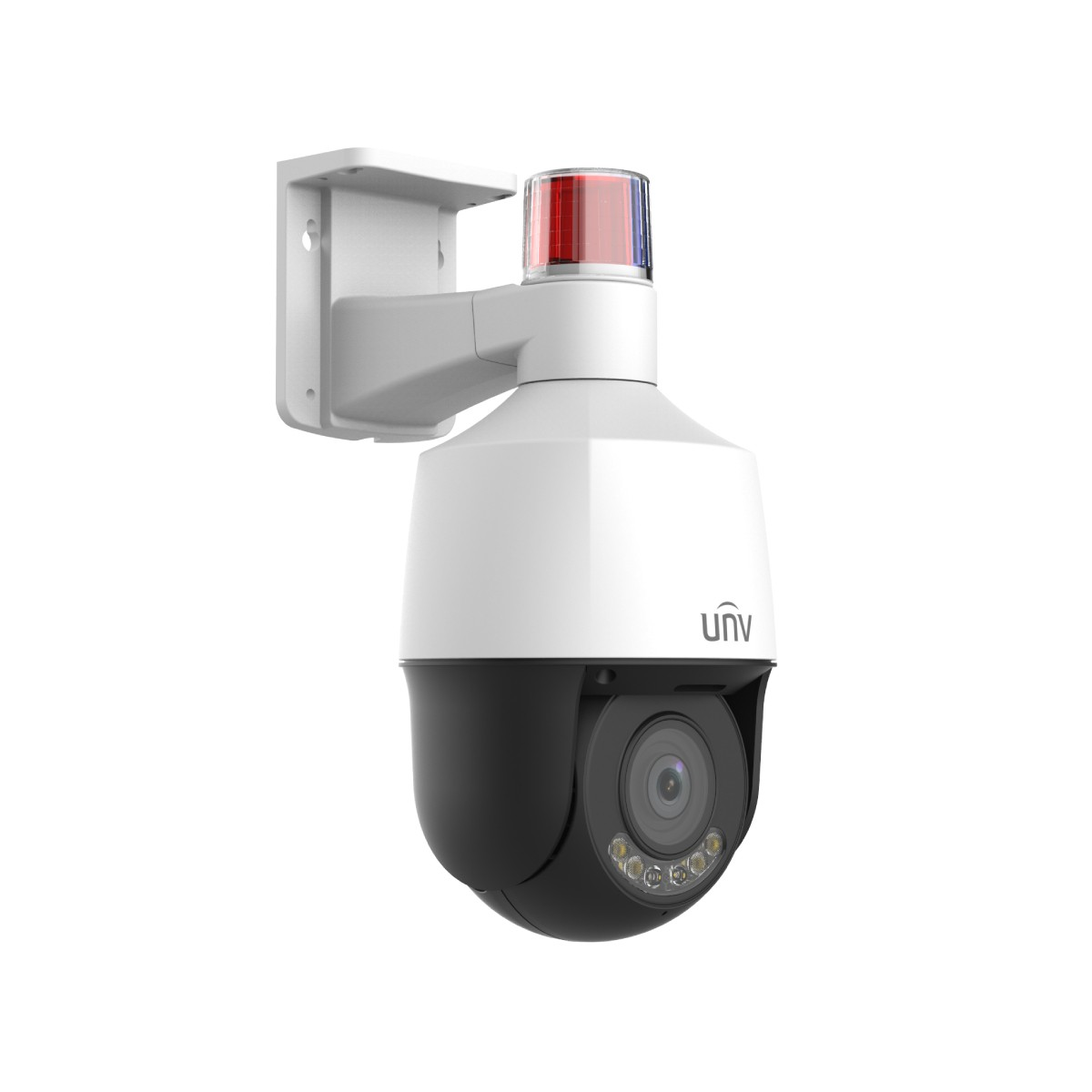 Telecamera di sicurezza bianca con alloggiamento nero e luce di avvertimento rossa/blu.