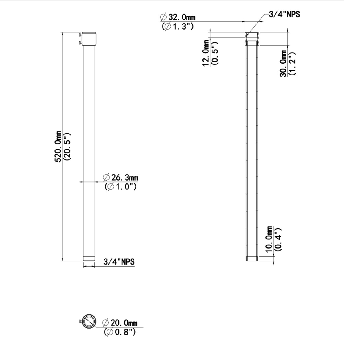 Disegno tecnico di un tubo con dimensioni in mm e pollici.