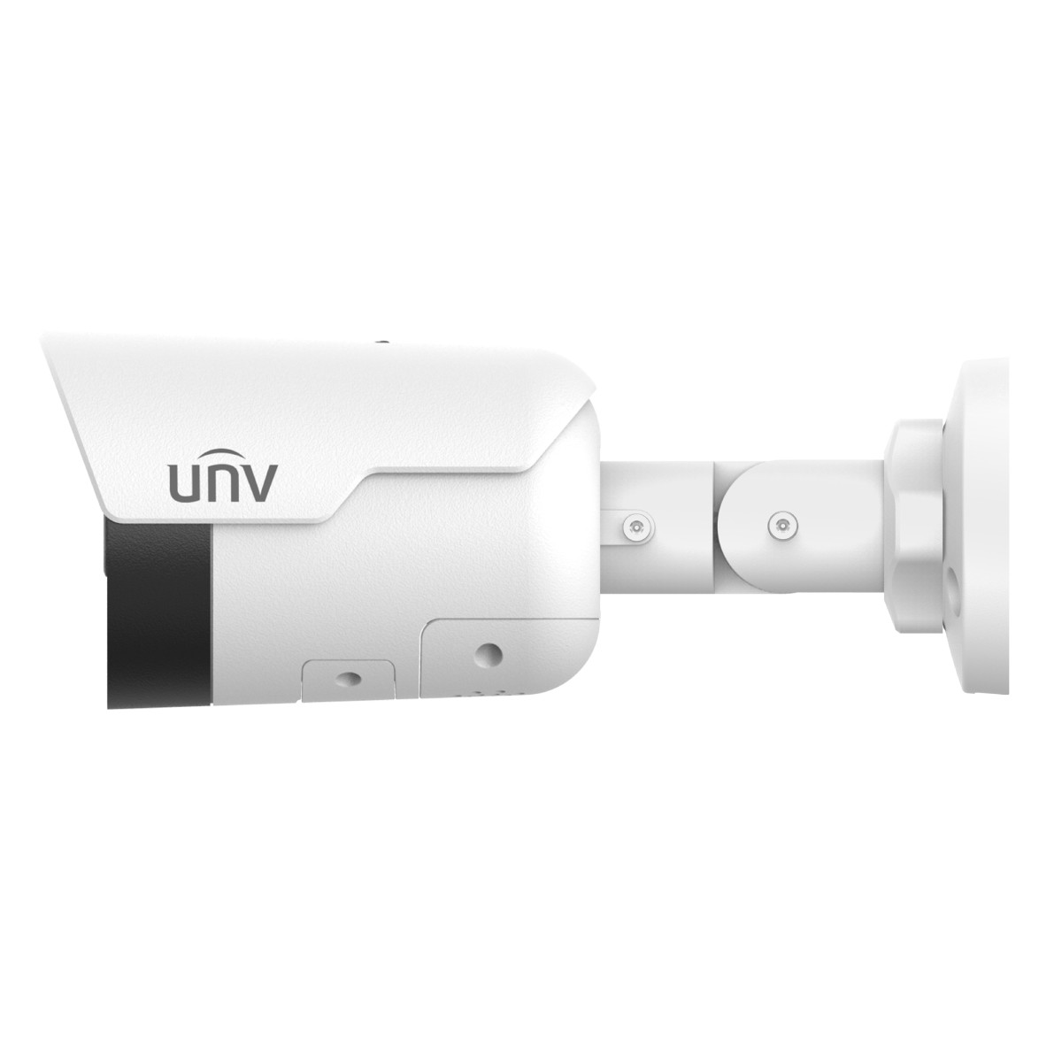 Una telecamera di sicurezza UNV bianca con obiettivo nero è montata su una staffa bianca.