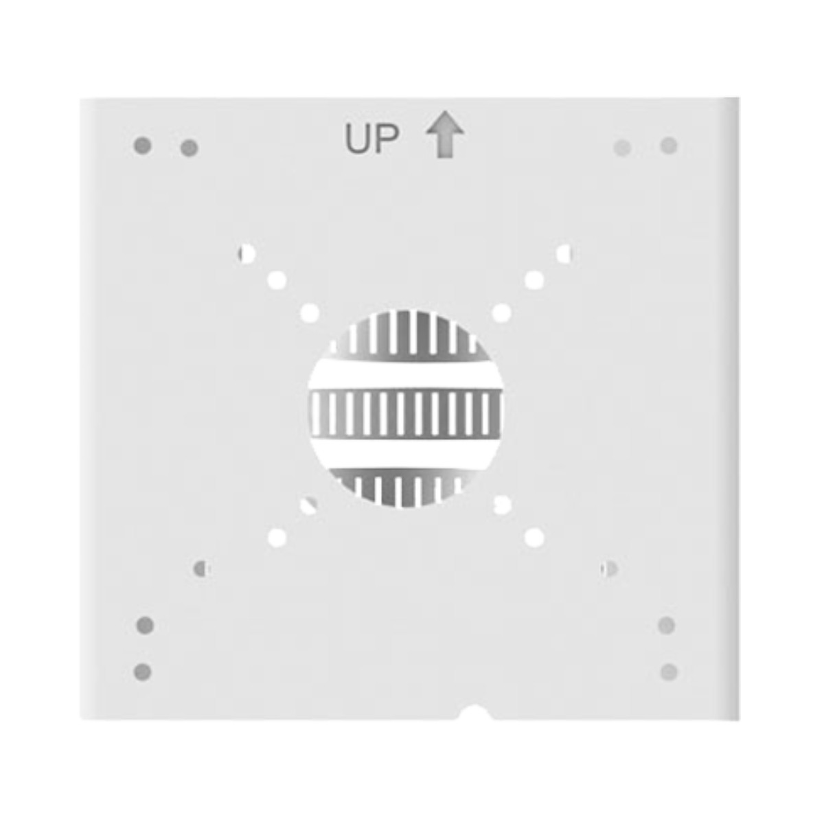 Una piastra quadrata bianca con un ritaglio rotondo a strisce verticali e testo 'UP'.