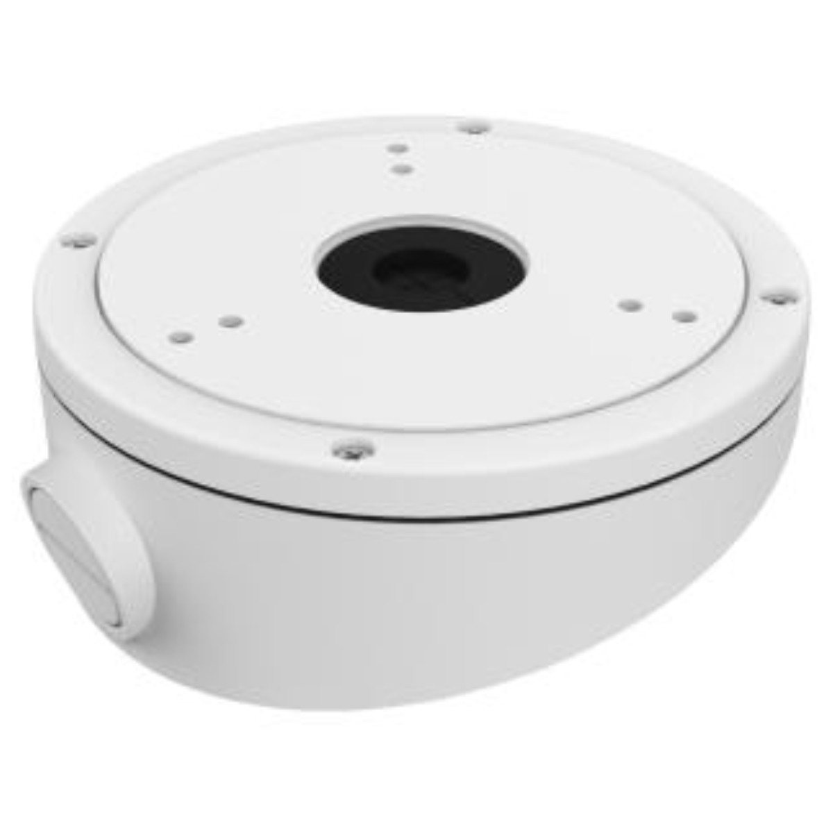 Supporto rotondo bianco per fotocamera con foro nero al centro.