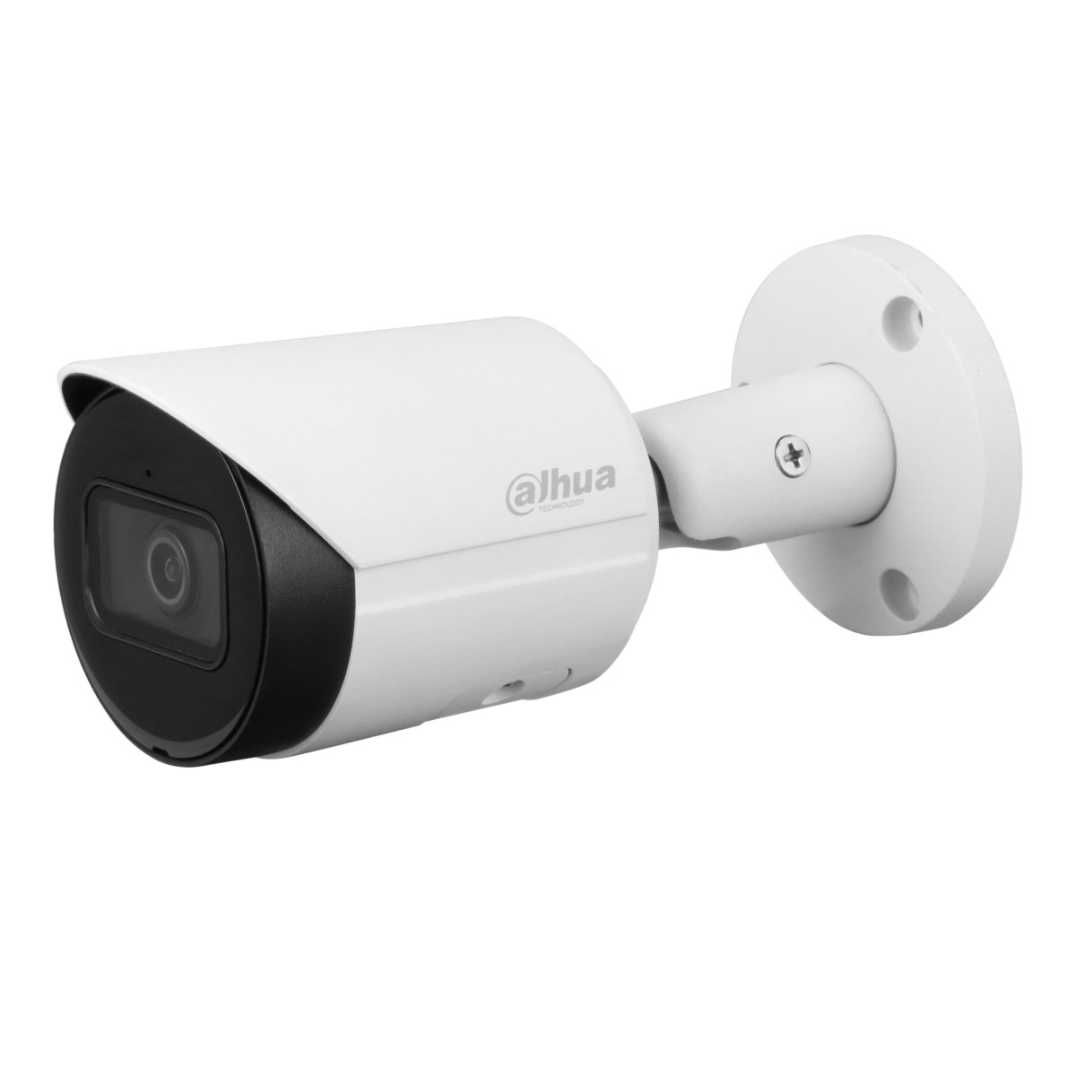 Una telecamera di sicurezza Dahua bianca con lente e supporto neri.