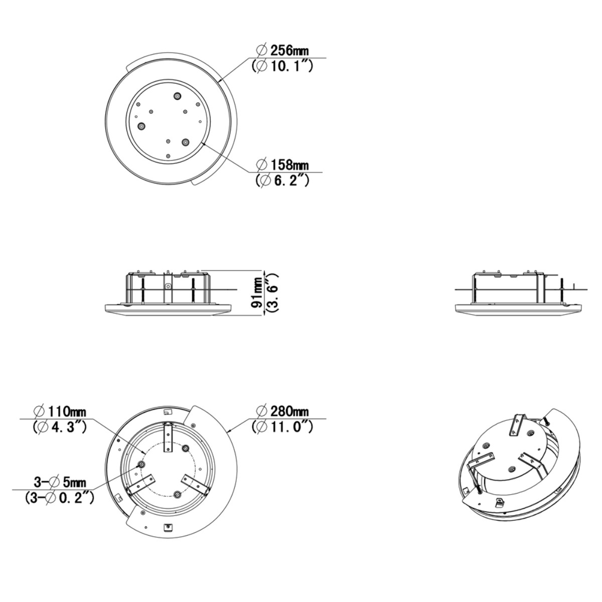 Disegno tecnico di un apparecchio rotondo con dimensioni.