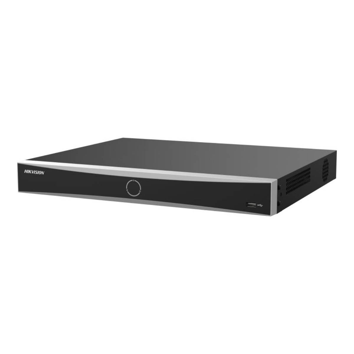 Un elegante dispositivo Hikvision nero con finiture argentate e un cerchio sul davanti.