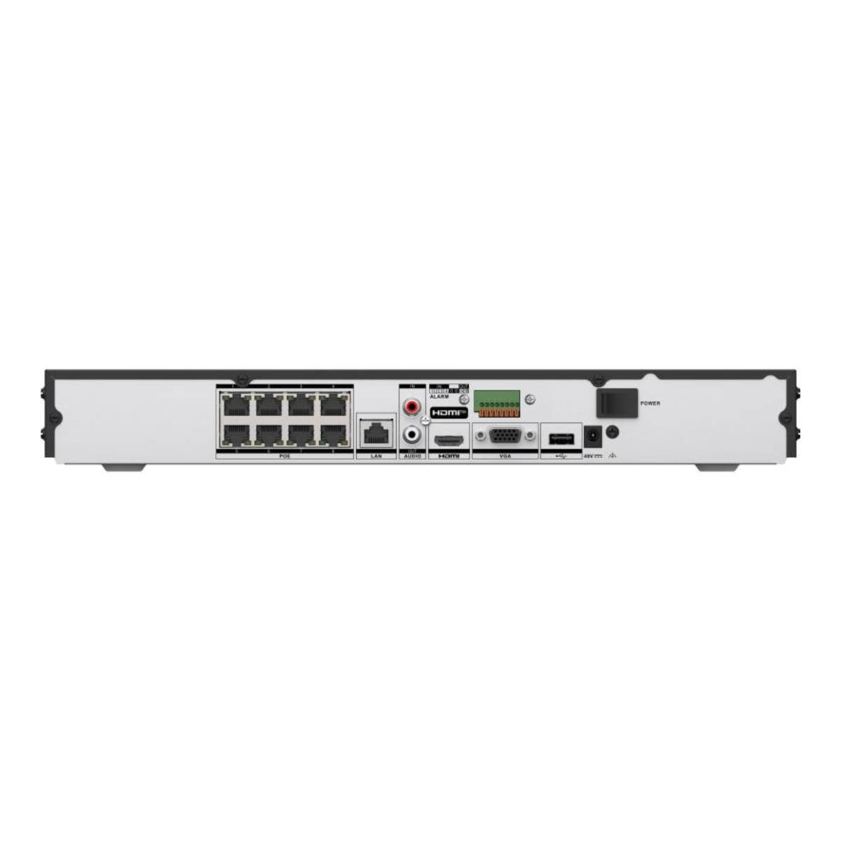 Vista posteriore di un videoregistratore di rete con porte come PoE, LAN, Audio, HDMI, VGA e Alimentazione.