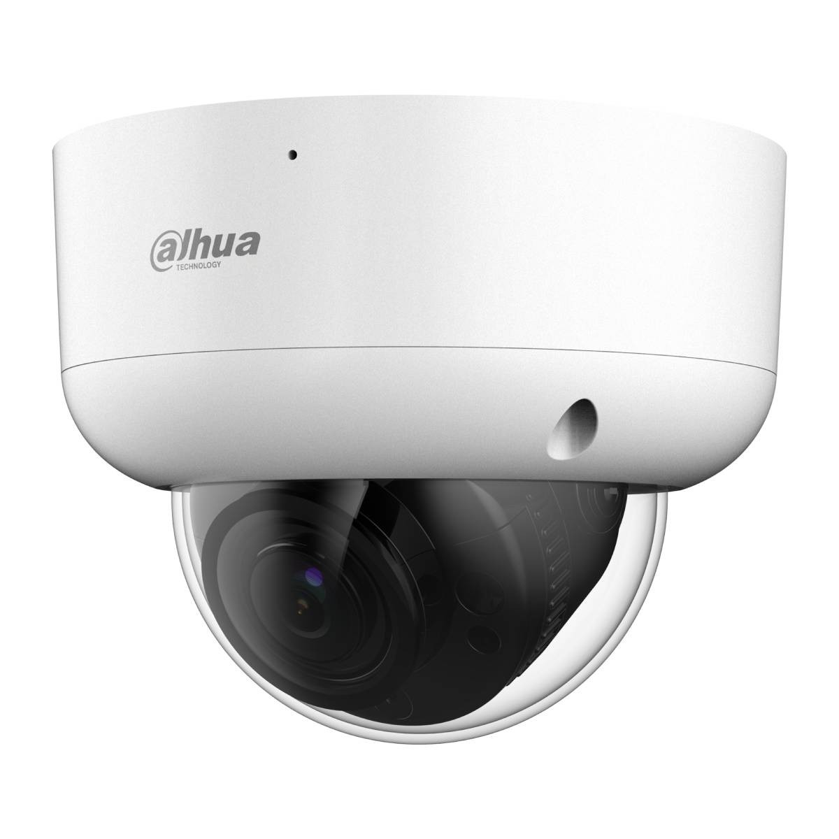 Una telecamera di sicurezza Dahua bianca a cupola con cupola trasparente e obiettivo nero.