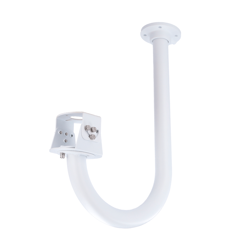 Un supporto a soffitto in metallo bianco con un palo curvo.