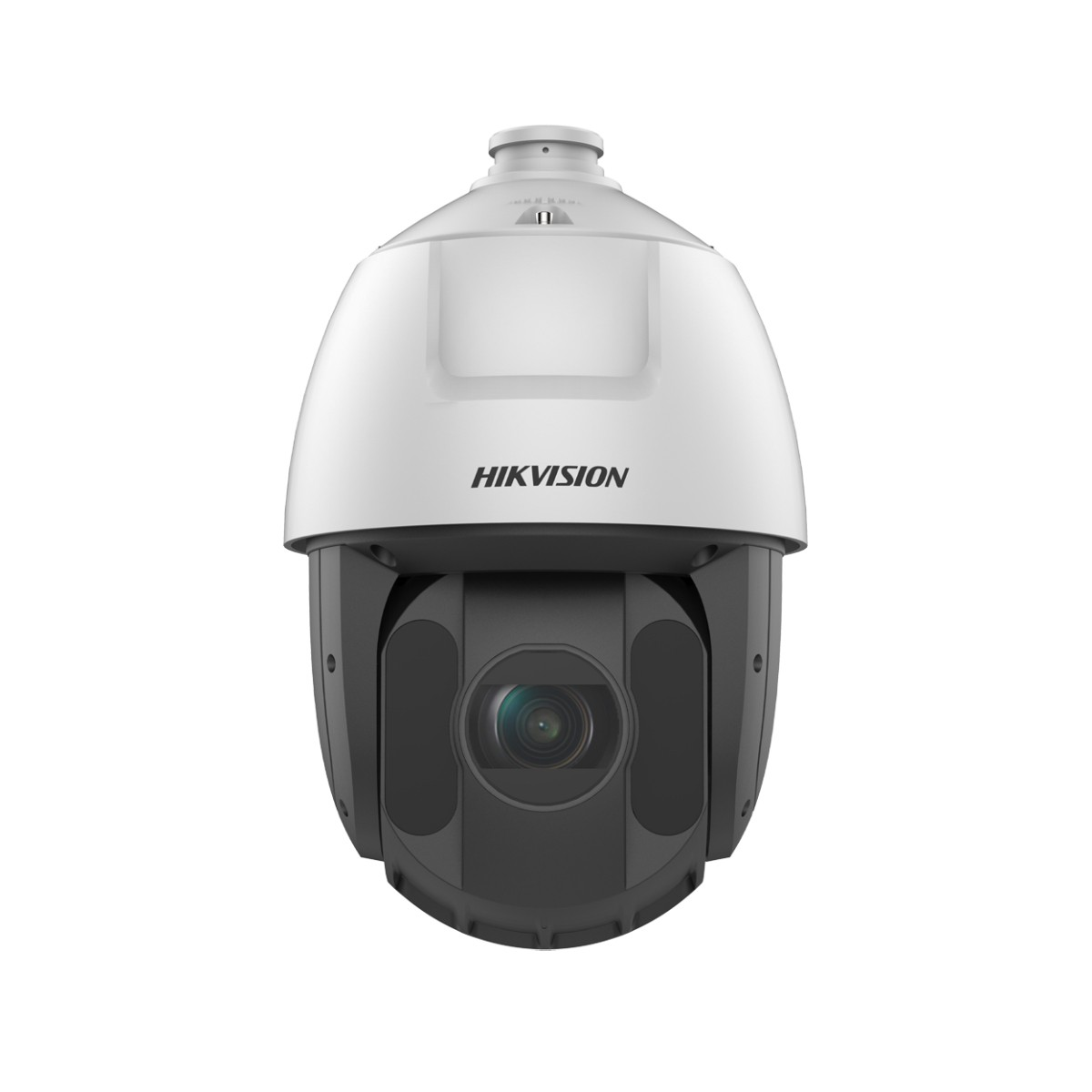 Una telecamera di sorveglianza PTZ Hikvision bianca con alloggiamento e obiettivo neri.