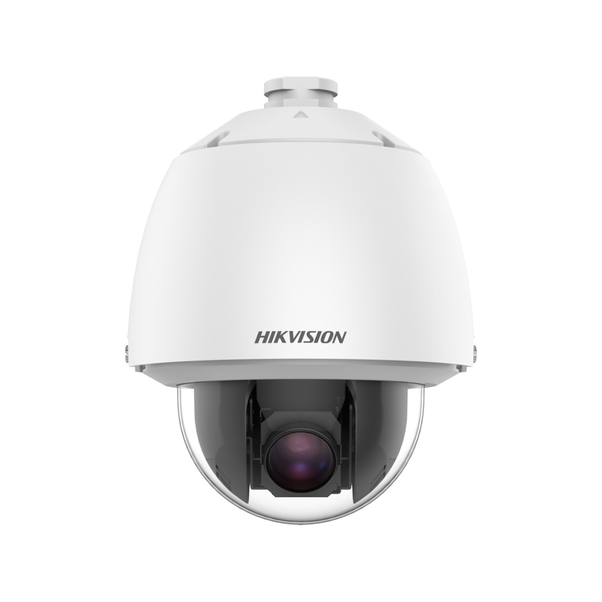 Una telecamera di sorveglianza Hikvision bianca con cupola e lente.