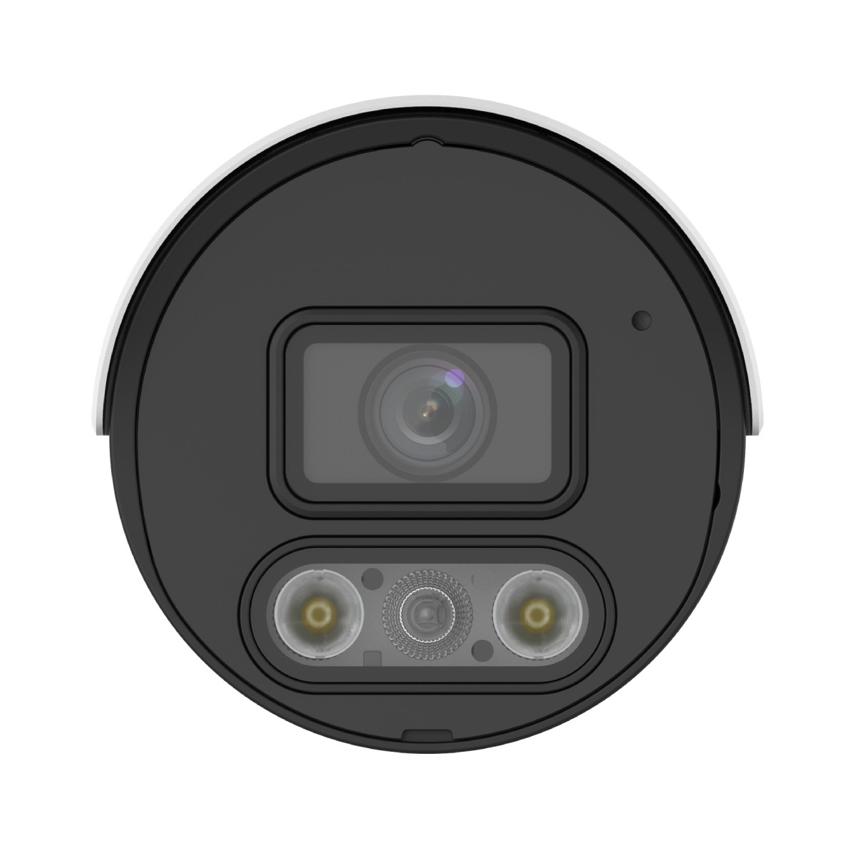 Telecamera di sicurezza con lente, due luci e un piccolo foro.